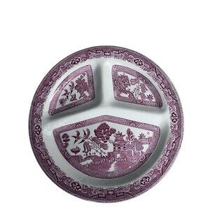 Vintage English Red Willow Transfer Ware 10.75" Pink White Grill Plate Ironstone